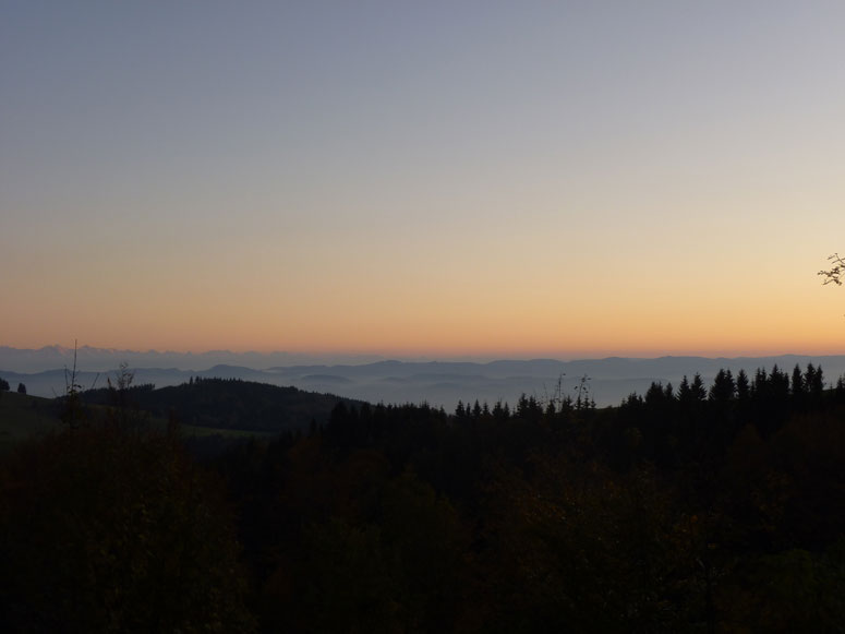 Aussicht im Herbst vom Schwarzwald am Abend auf die Alpen und das Jura im Herbst